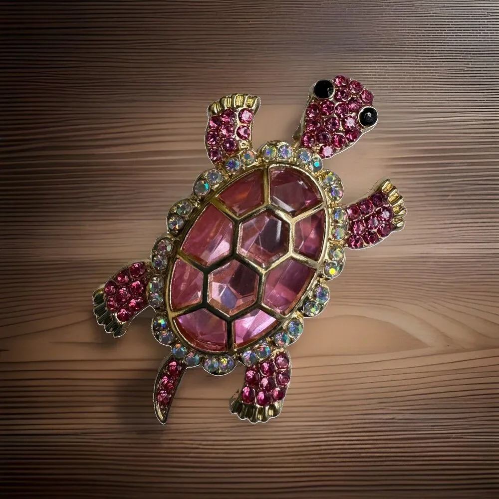 Pink Rhinestone Turtle Brooch Pin Gold Tone Crystal AB Sea Turtle Jewelry